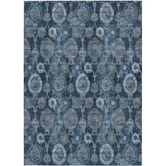 Navy Blue And Denim Blue Damask Washable Indoor Outdoor Area Rug Photo 6