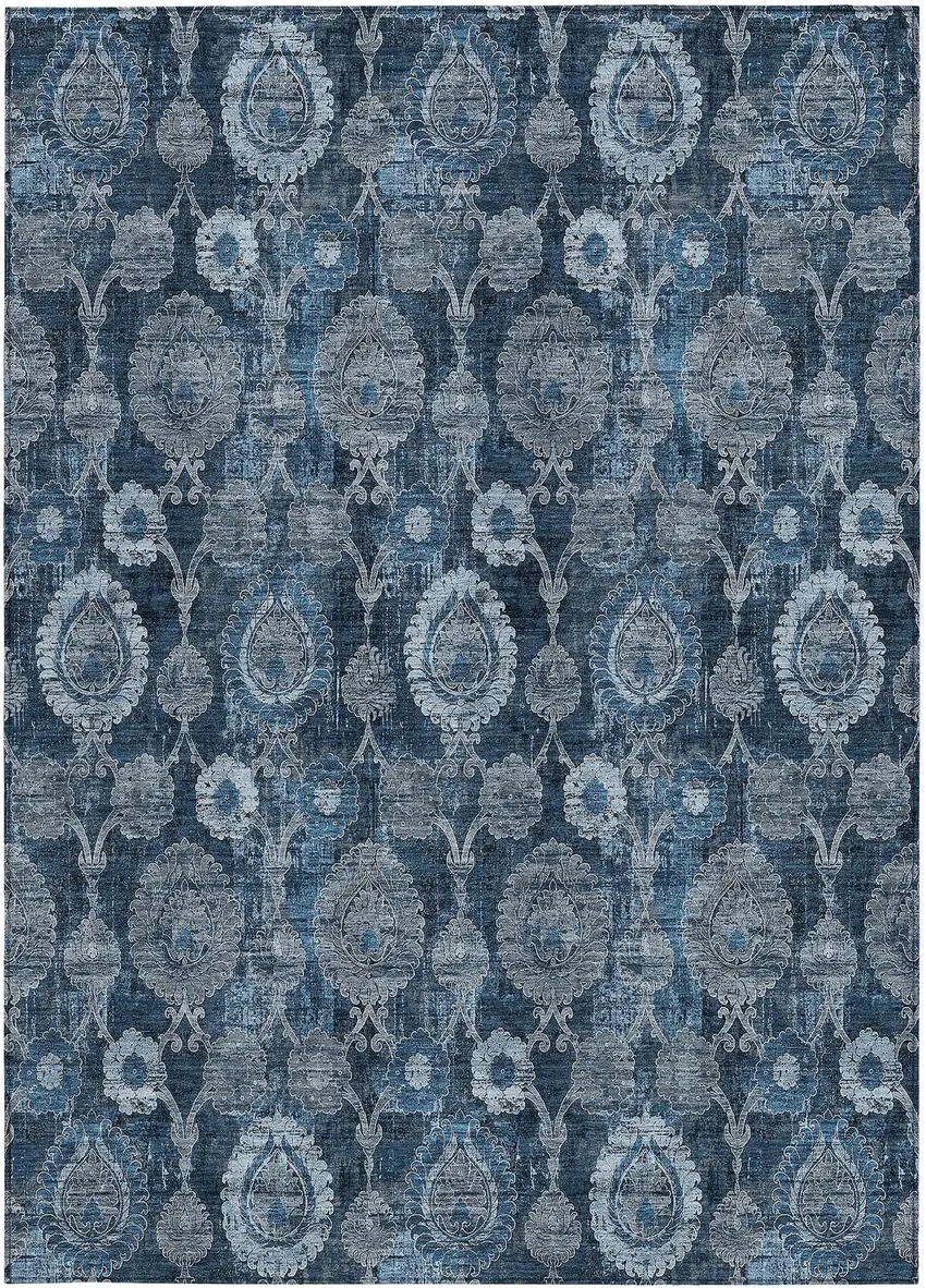 Navy Blue And Denim Blue Damask Washable Indoor Outdoor Area Rug Photo 6