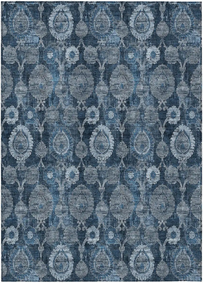 Navy Blue And Denim Blue Damask Washable Indoor Outdoor Area Rug Photo 2