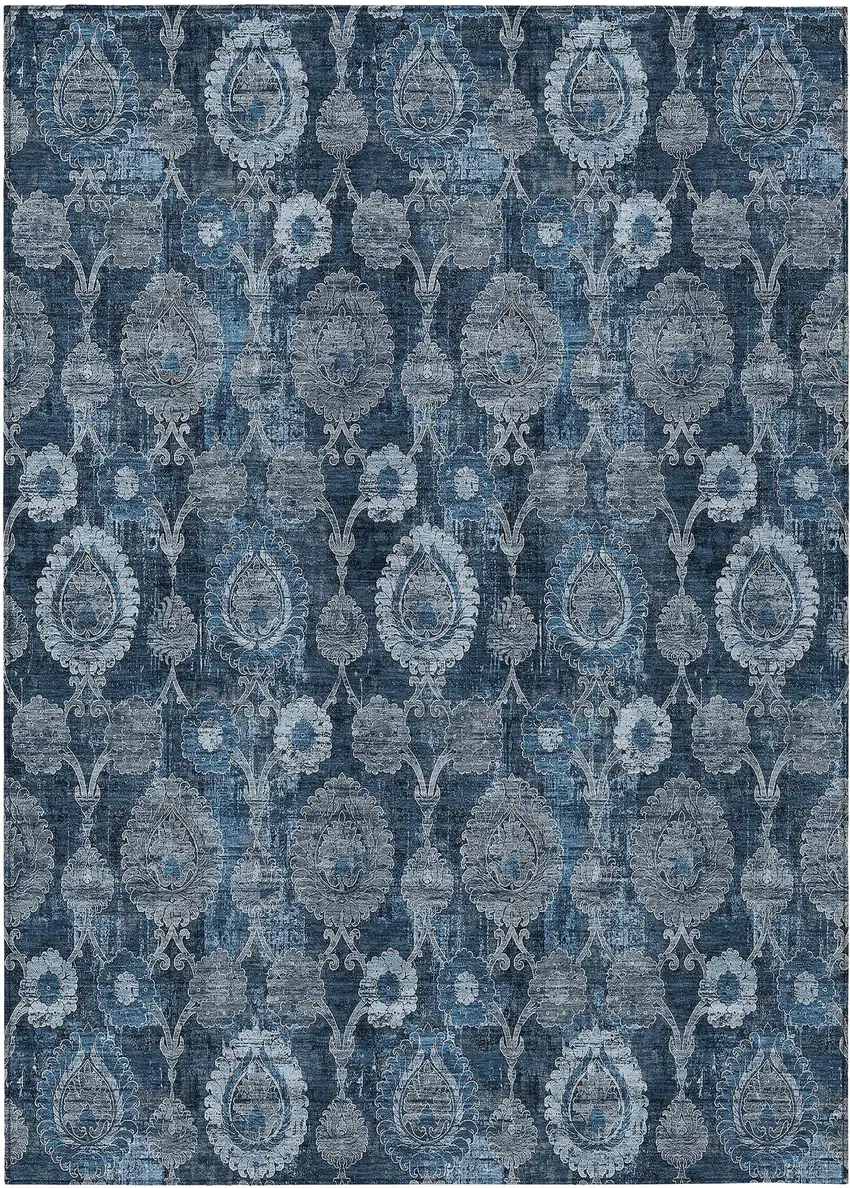 Navy Blue And Denim Blue Damask Washable Indoor Outdoor Area Rug Photo 2