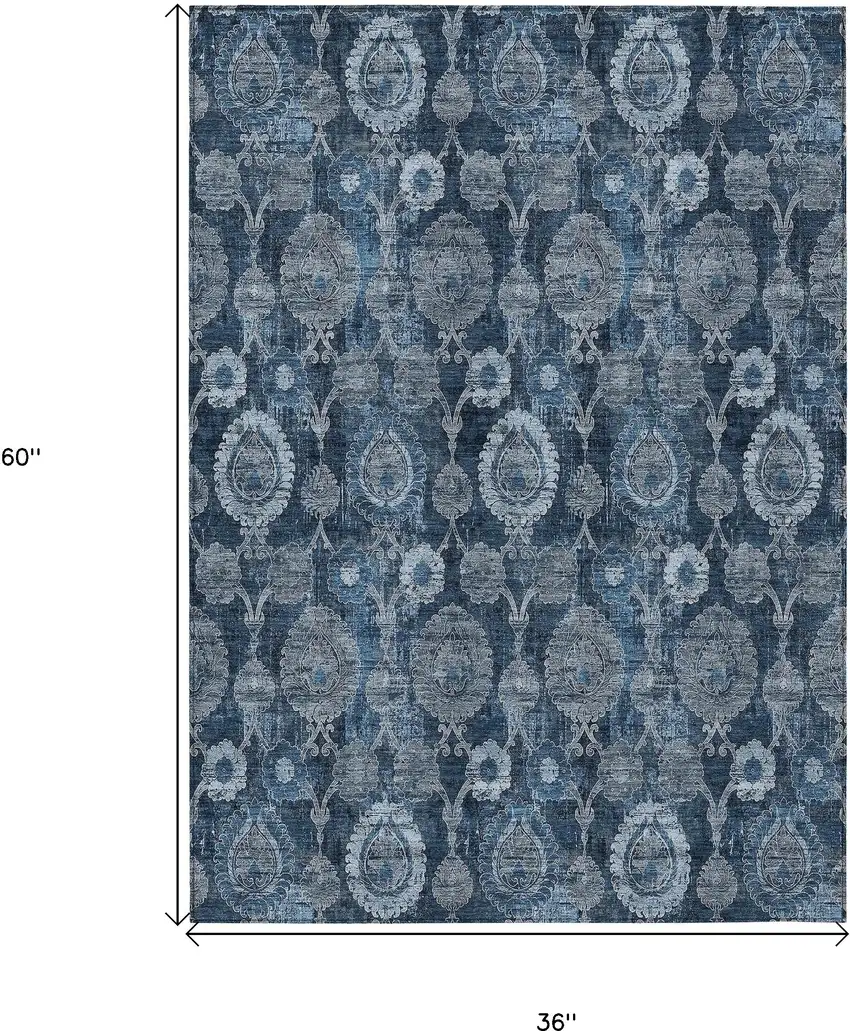 Navy Blue And Denim Blue Damask Washable Indoor Outdoor Area Rug Photo 3