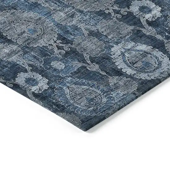Navy Blue And Denim Blue Damask Washable Indoor Outdoor Area Rug Photo 5