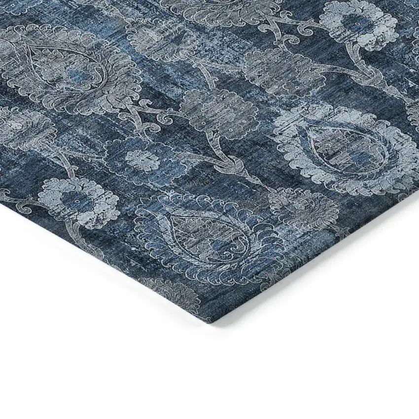 Navy Blue And Denim Blue Damask Washable Indoor Outdoor Area Rug Photo 5