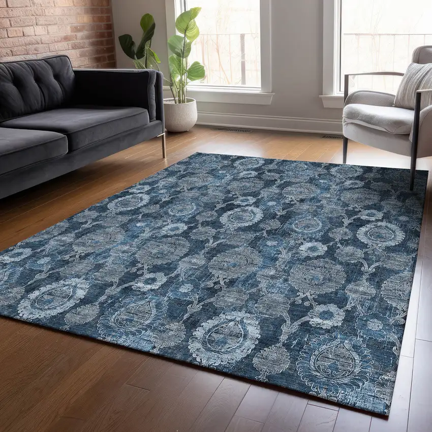 Navy Blue And Denim Blue Damask Washable Indoor Outdoor Area Rug Photo 8