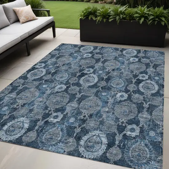 Navy Blue And Denim Blue Damask Washable Indoor Outdoor Area Rug Photo 1