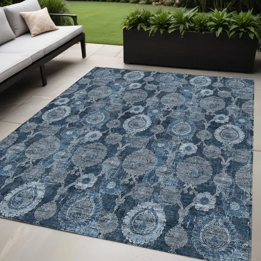 Navy Blue And Denim Blue Damask Washable Indoor Outdoor Area Rug Photo 1