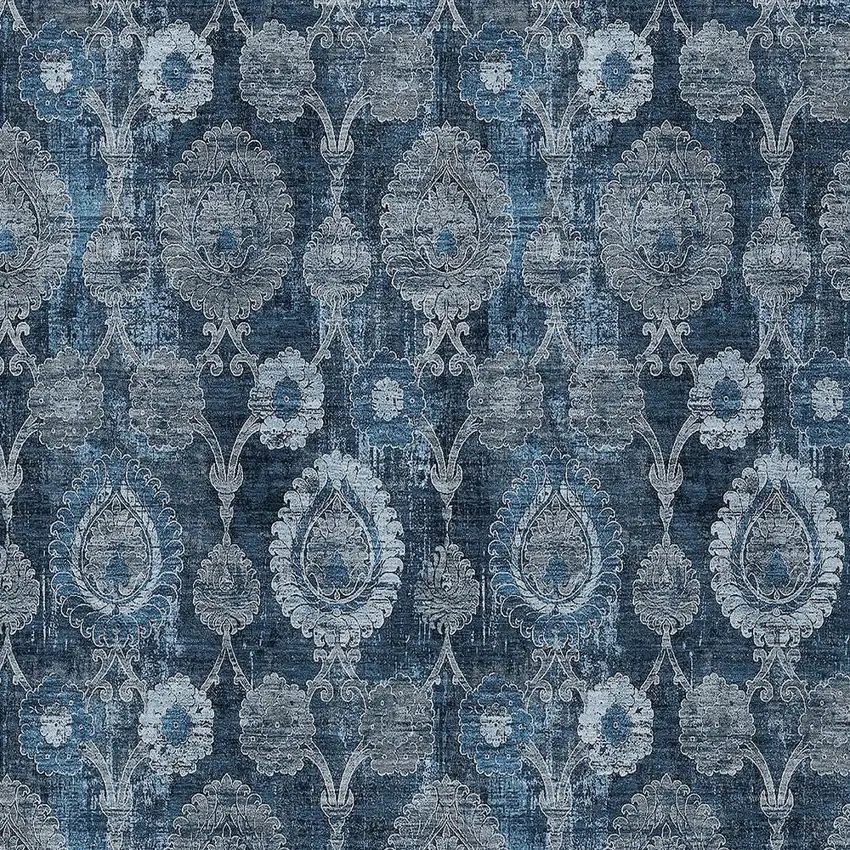 Navy Blue And Denim Blue Damask Washable Indoor Outdoor Area Rug Photo 6