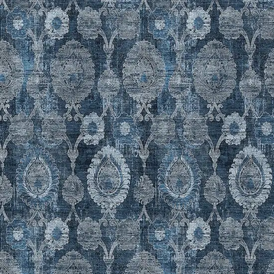 Navy Blue And Denim Blue Damask Washable Indoor Outdoor Area Rug Photo 6