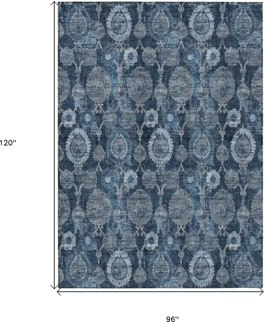 Navy Blue And Denim Blue Damask Washable Indoor Outdoor Area Rug Photo 3