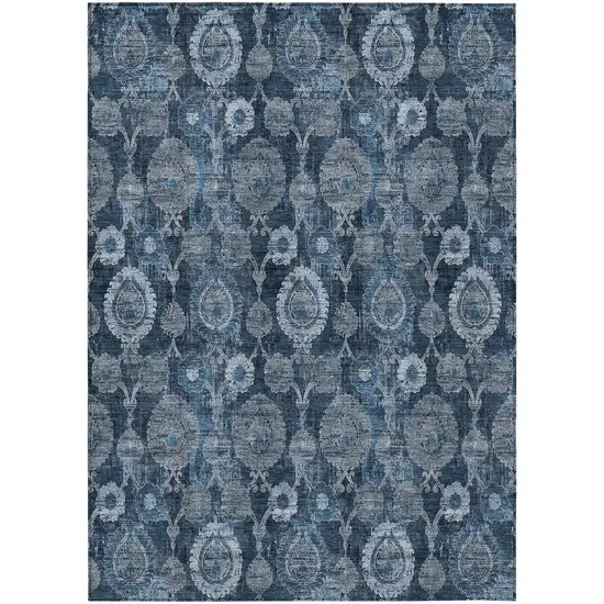 Navy Blue And Denim Blue Damask Washable Indoor Outdoor Area Rug Photo 2