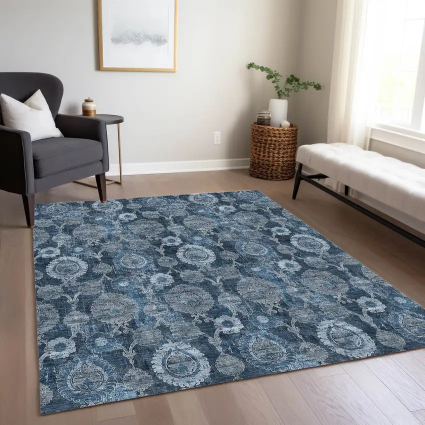 Navy Blue And Denim Blue Damask Washable Indoor Outdoor Area Rug Photo 9