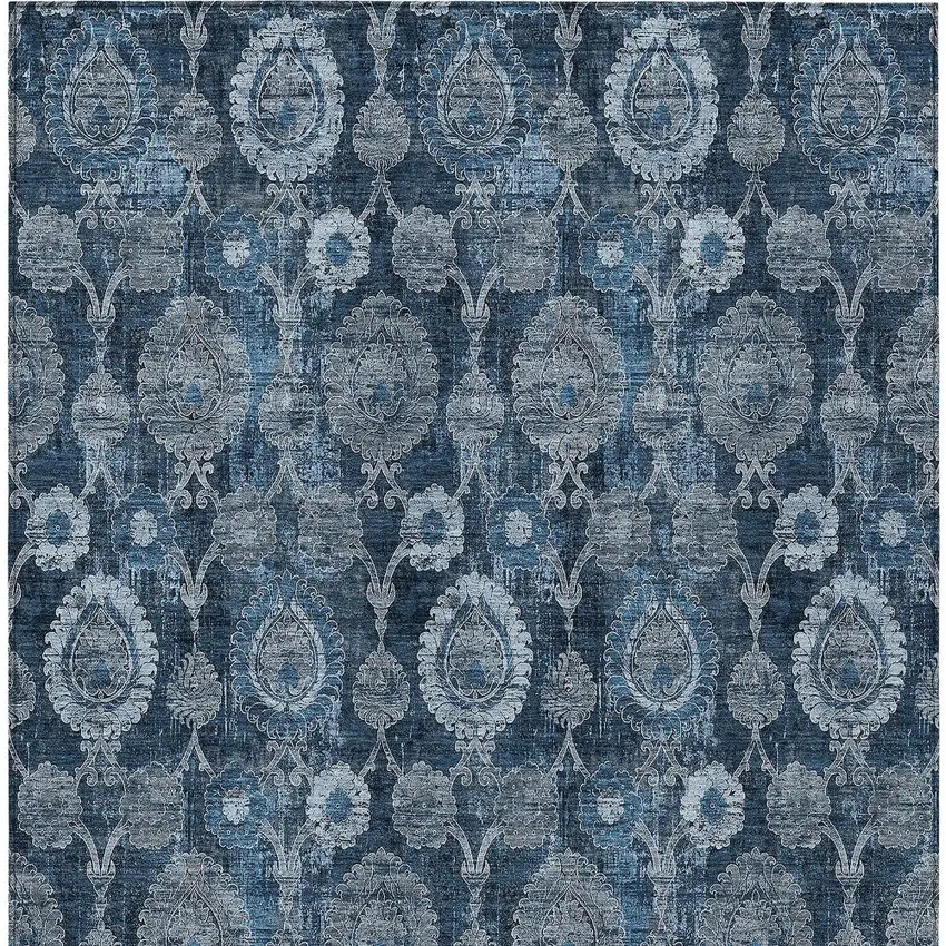 Navy Blue And Denim Blue Damask Washable Indoor Outdoor Area Rug Photo 7