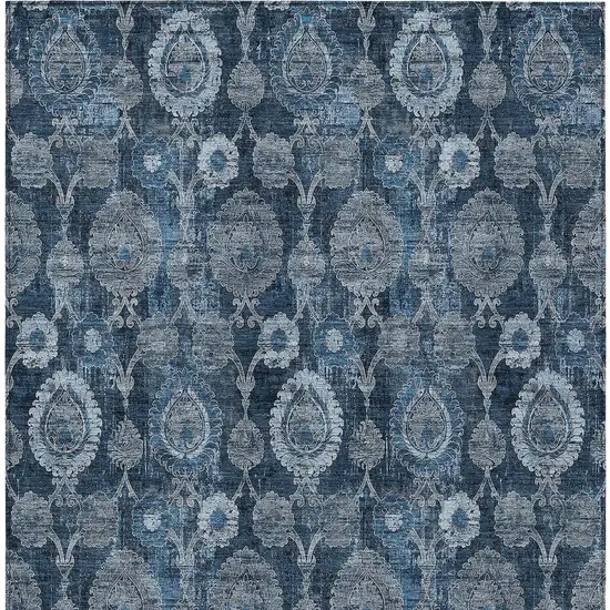 Navy Blue And Denim Blue Damask Washable Indoor Outdoor Area Rug Photo 7