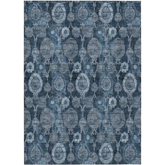 Navy Blue And Denim Blue Damask Washable Indoor Outdoor Area Rug Photo 2