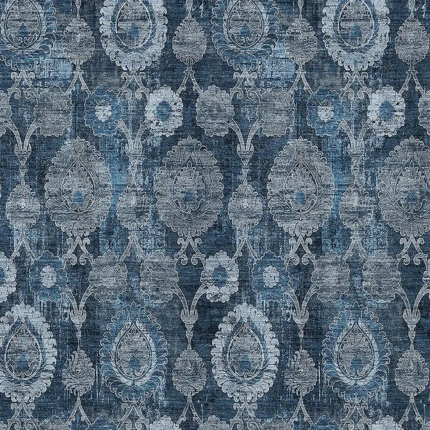 Navy Blue And Denim Blue Damask Washable Indoor Outdoor Area Rug Photo 6
