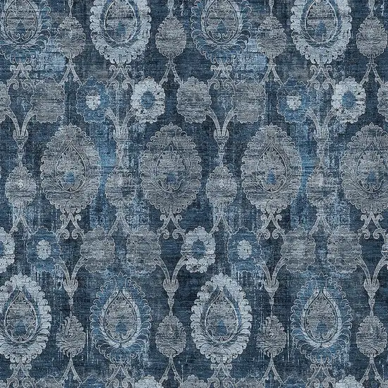 Navy Blue And Denim Blue Damask Washable Indoor Outdoor Area Rug Photo 6