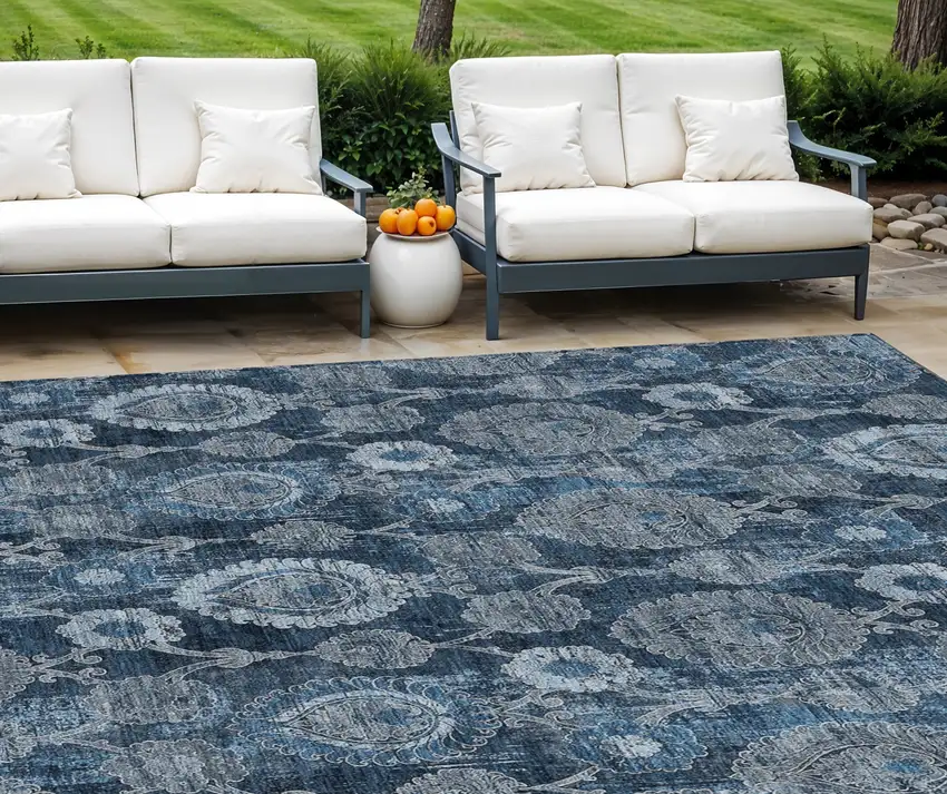 Navy Blue And Denim Blue Damask Washable Indoor Outdoor Area Rug Photo 1