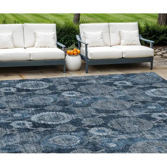 Navy Blue And Denim Blue Damask Washable Indoor Outdoor Area Rug Photo 1