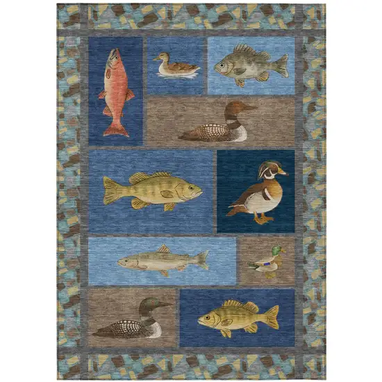 Navy Blue And Denim Blue Floral Medallion Washable Indoor Outdoor Area Rug Photo 1