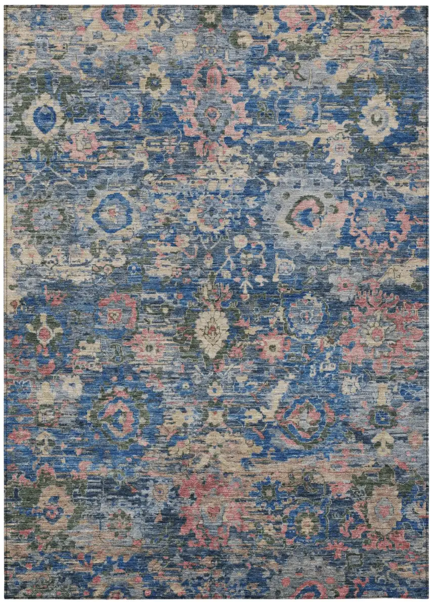 Navy Blue And Denim Blue Floral Washable Indoor Outdoor Area Rug Photo 1