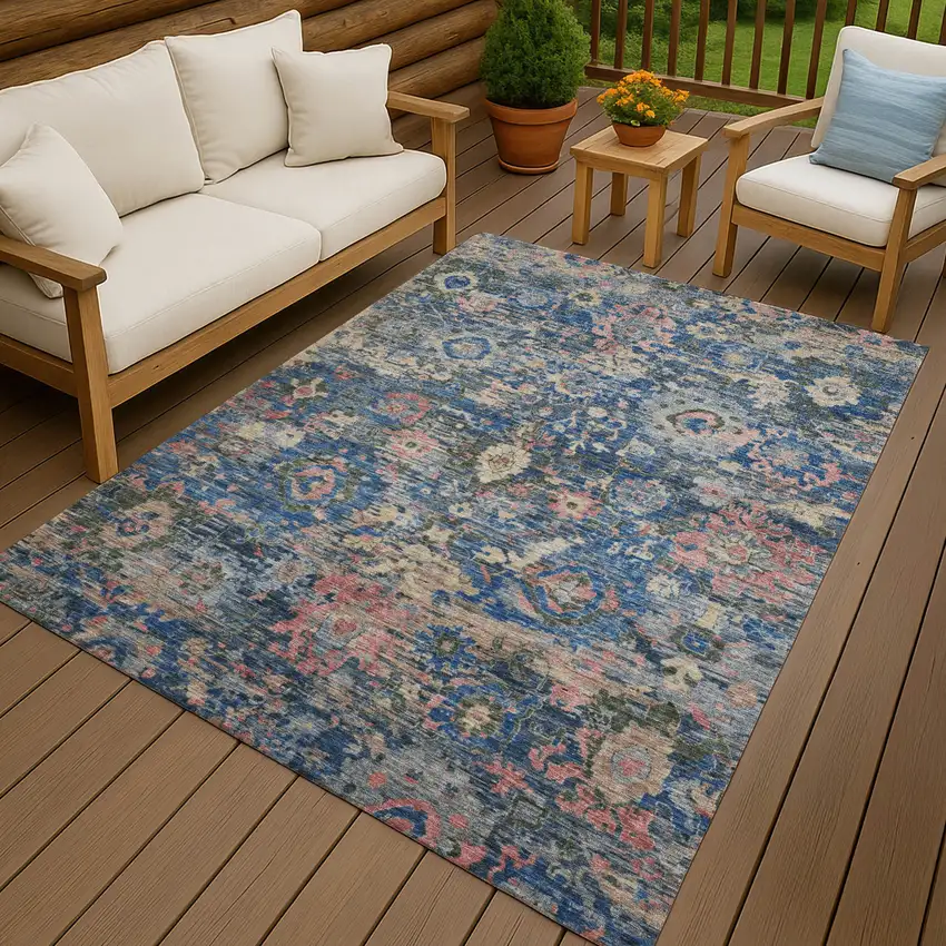 Navy Blue And Denim Blue Floral Washable Indoor Outdoor Area Rug Photo 4