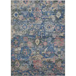 Photo of Navy Blue And Denim Blue Floral Washable Indoor Outdoor Area Rug