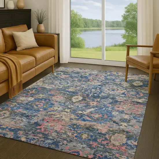 Navy Blue And Denim Blue Floral Washable Indoor Outdoor Area Rug Photo 5