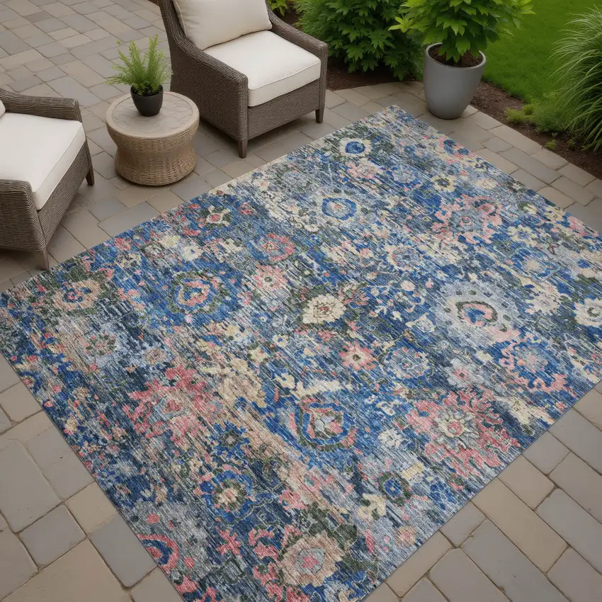 Navy Blue And Denim Blue Floral Washable Indoor Outdoor Area Rug Photo 7