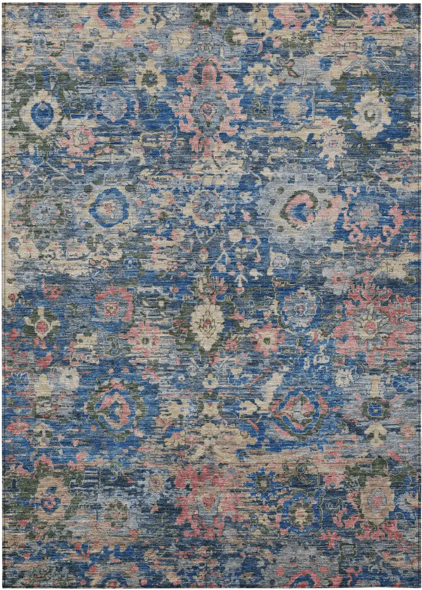 Navy Blue And Denim Blue Floral Washable Indoor Outdoor Area Rug Photo 1