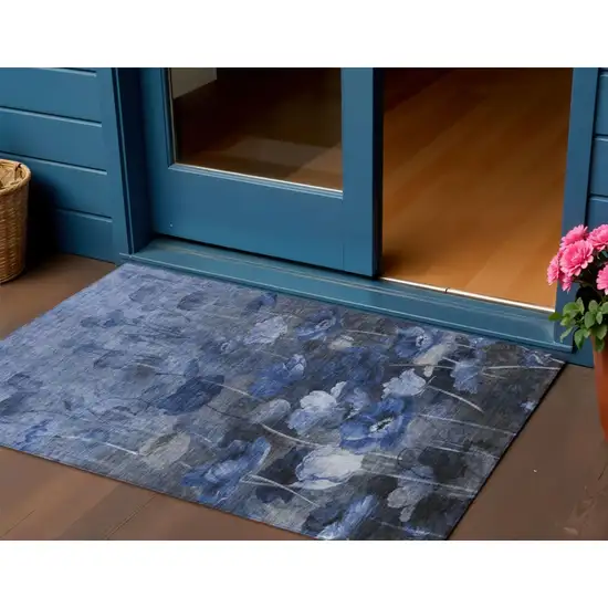 Navy Blue And Denim Blue Floral Washable Indoor Outdoor Area Rug Photo 1