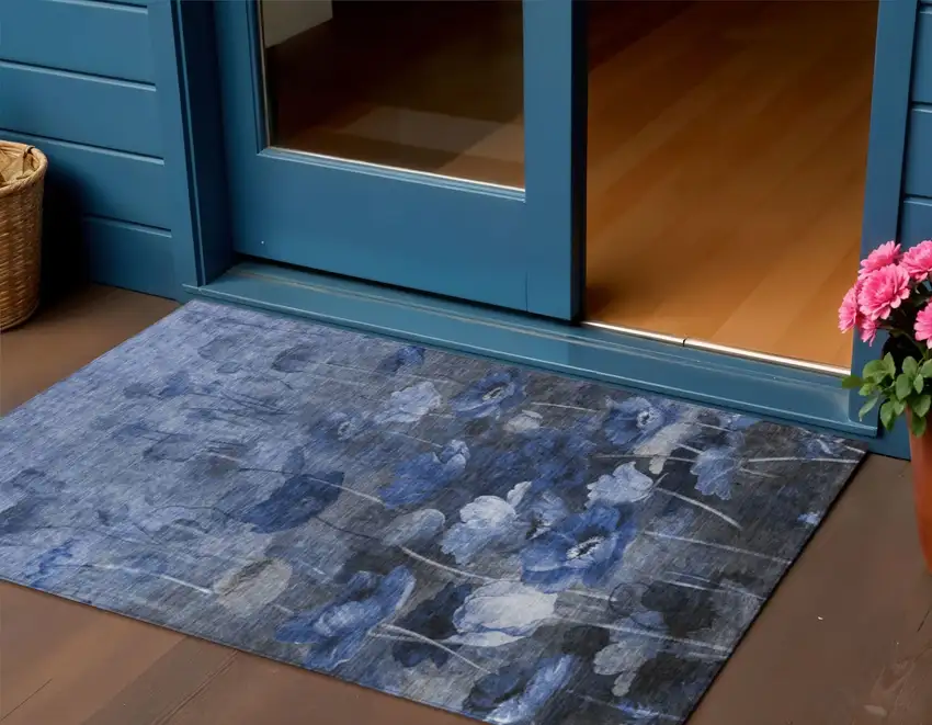 Navy Blue And Denim Blue Floral Washable Indoor Outdoor Area Rug Photo 1