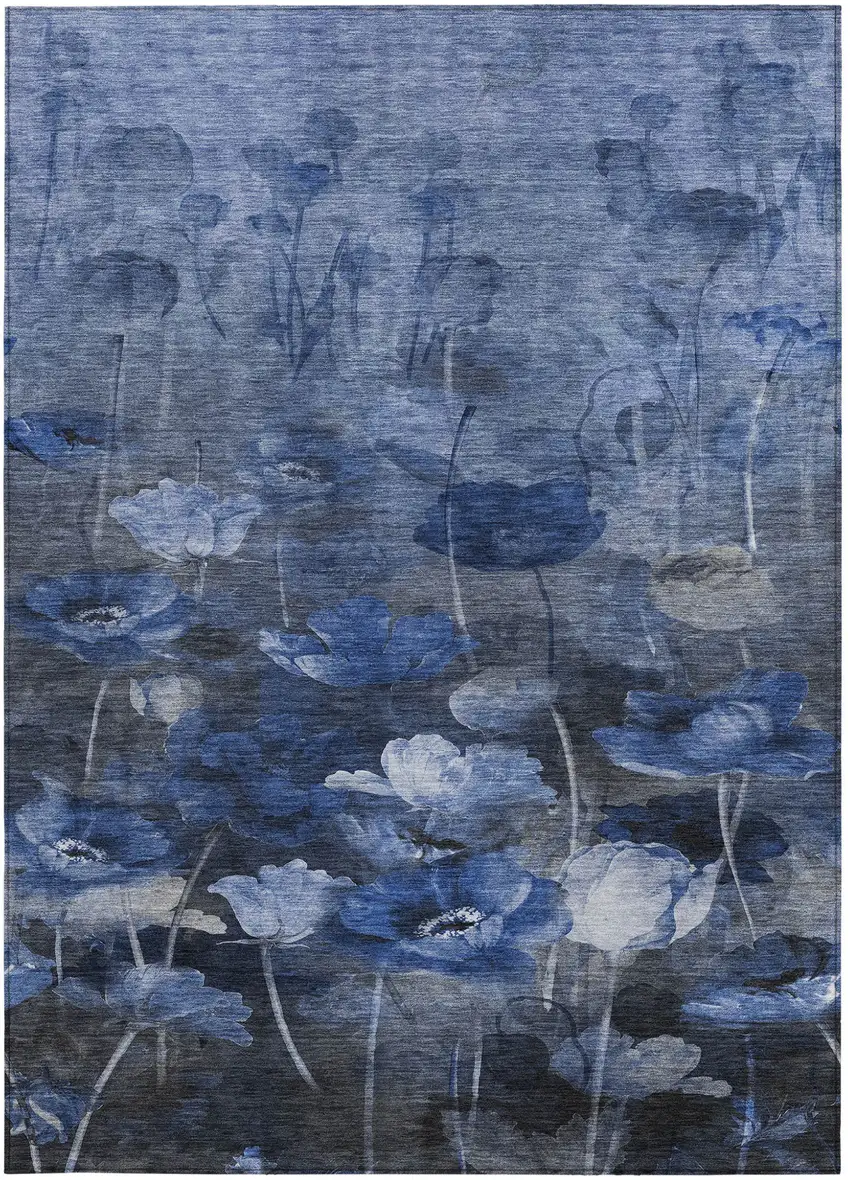 Navy Blue And Denim Blue Floral Washable Indoor Outdoor Area Rug Photo 5
