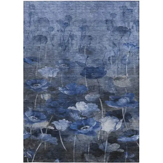 Navy Blue And Denim Blue Floral Washable Indoor Outdoor Area Rug Photo 5