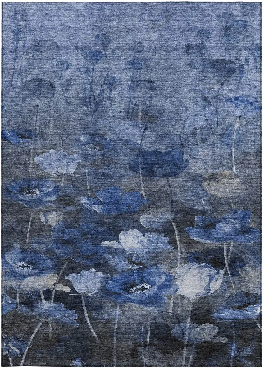 Navy Blue And Denim Blue Floral Washable Indoor Outdoor Area Rug Photo 5