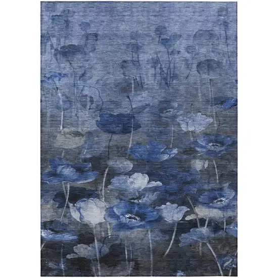 Navy Blue And Denim Blue Floral Washable Indoor Outdoor Area Rug Photo 2
