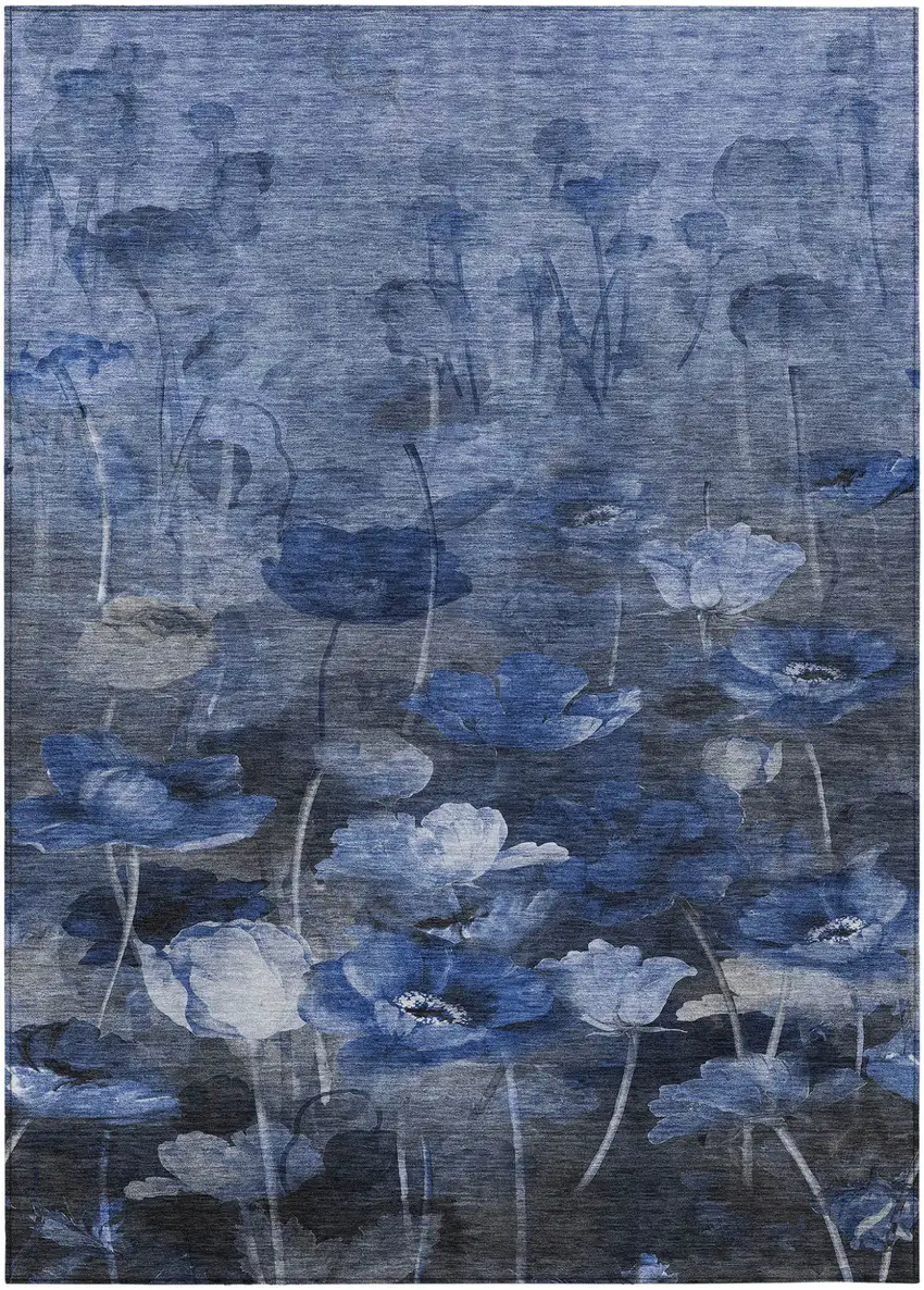 Navy Blue And Denim Blue Floral Washable Indoor Outdoor Area Rug Photo 2