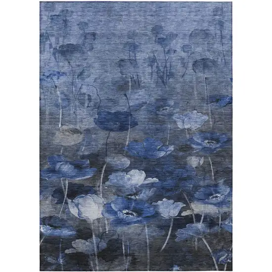 Navy Blue And Denim Blue Floral Washable Indoor Outdoor Area Rug Photo 2