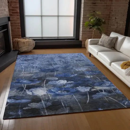 Navy Blue And Denim Blue Floral Washable Indoor Outdoor Area Rug Photo 8