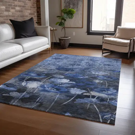 Navy Blue And Denim Blue Floral Washable Indoor Outdoor Area Rug Photo 7
