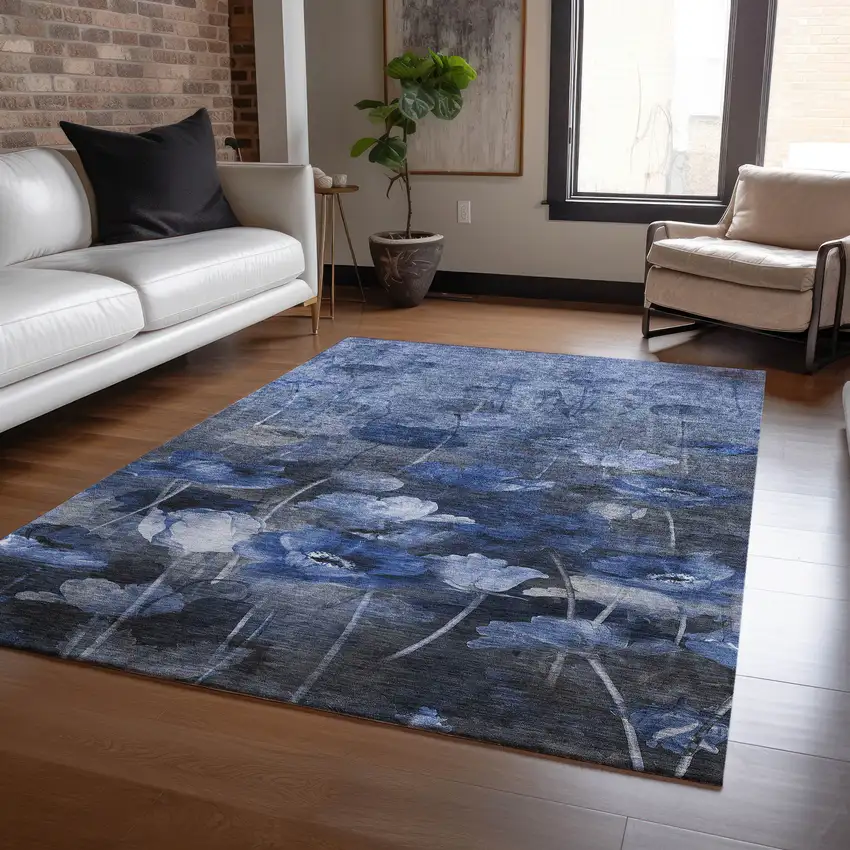 Navy Blue And Denim Blue Floral Washable Indoor Outdoor Area Rug Photo 7