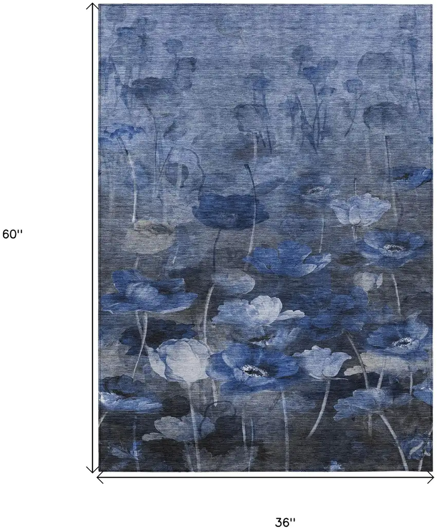 Navy Blue And Denim Blue Floral Washable Indoor Outdoor Area Rug Photo 3