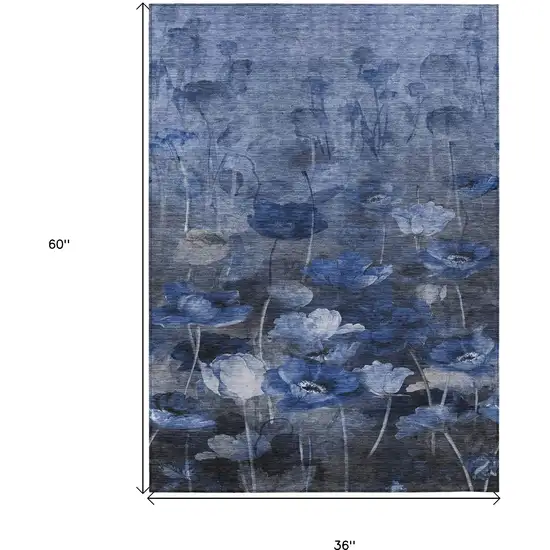 Navy Blue And Denim Blue Floral Washable Indoor Outdoor Area Rug Photo 3