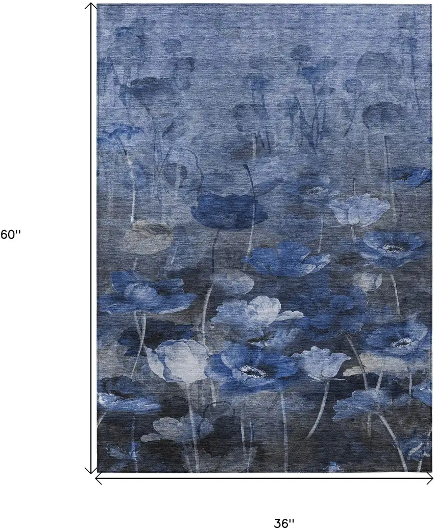Navy Blue And Denim Blue Floral Washable Indoor Outdoor Area Rug Photo 3