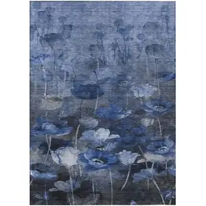 Photo of Navy Blue And Denim Blue Floral Washable Indoor Outdoor Area Rug