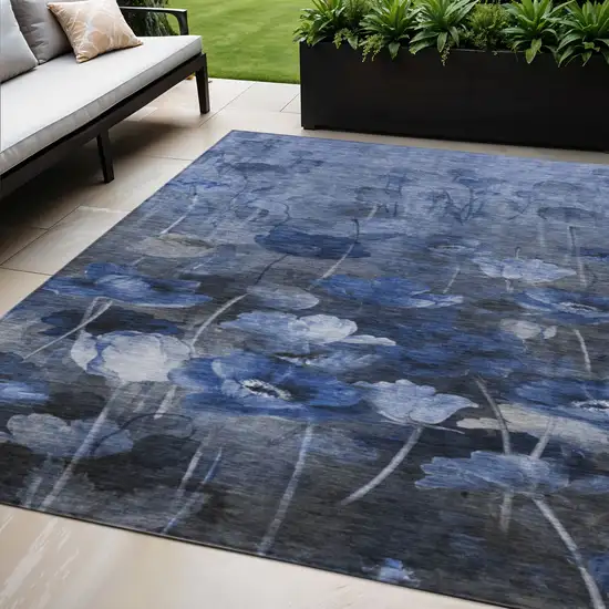 Navy Blue And Denim Blue Floral Washable Indoor Outdoor Area Rug Photo 1