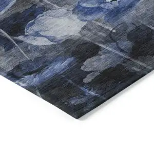 Photo of Navy Blue And Denim Blue Floral Washable Indoor Outdoor Area Rug