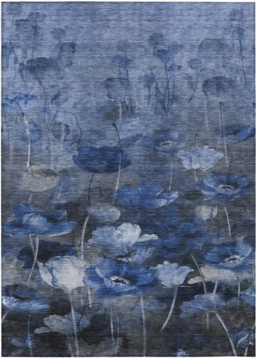Navy Blue And Denim Blue Floral Washable Indoor Outdoor Area Rug Photo 2