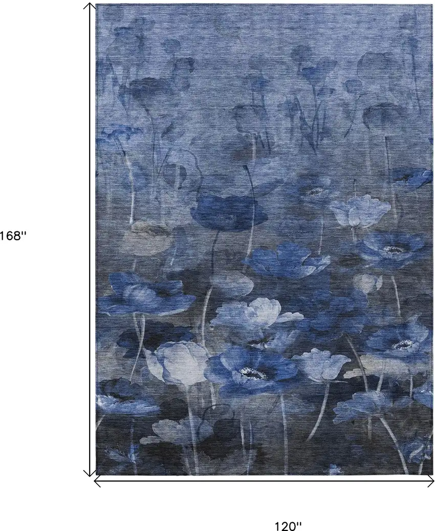 Navy Blue And Denim Blue Floral Washable Indoor Outdoor Area Rug Photo 3