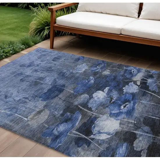 Navy Blue And Denim Blue Floral Washable Indoor Outdoor Area Rug Photo 1