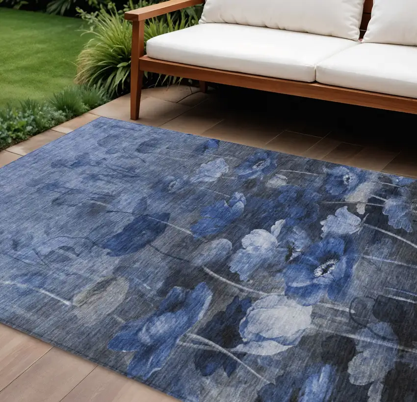 Navy Blue And Denim Blue Floral Washable Indoor Outdoor Area Rug Photo 1